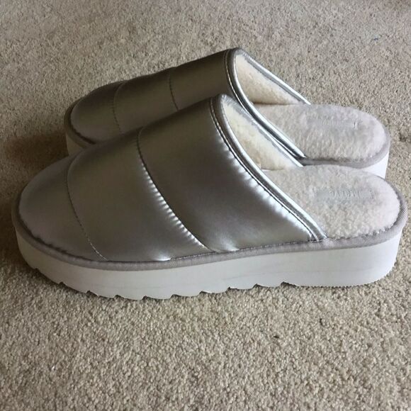 Anthropologie Maeve Silver puffy platform slide slippers - Picture 4 of 8